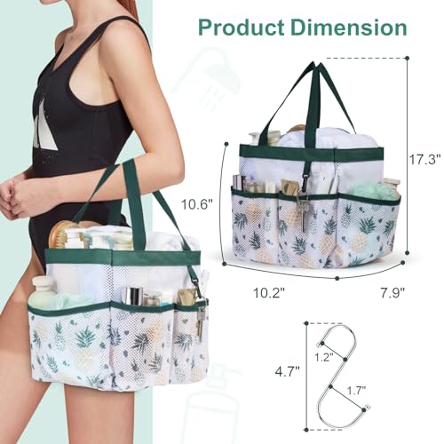 F-color Shower Caddy Portable - Mesh Shower Bag Basket Tote for College Dorm Room Essentials Bathroom Gym Camp Quick Dry for Women Men with S Hook, Green Pineapple | 2-Handle, Quick-Dry, Toiletry Organizer, College Dorm Room Essentials for Girls, Gym, Tra