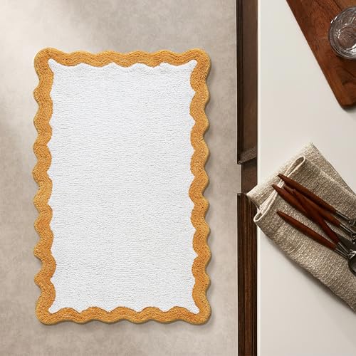 Cotton Scalloped Bathmat with Antiskid 20"x32" Mustard – 100% Cotton Scalloped Bath Mat, Anti Skid, Soft & Absorbent Bathroom Rug for Shower, Tub & Entryway - color: Mustard, size: 1'8" x 2'8" (Rectangular)