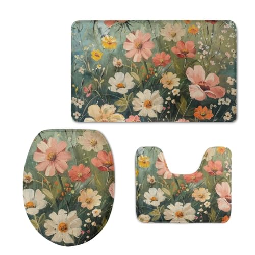 Floral Print Bathroom Rugs Sets 3 Piece Toilet Cover and Rug Set Toilet Seat Cover and Rug Set Toilet Lid Cover with Non-Slip Bottom Toilet Lid Cover Set with U-Shaped Rug - color: Floral Print