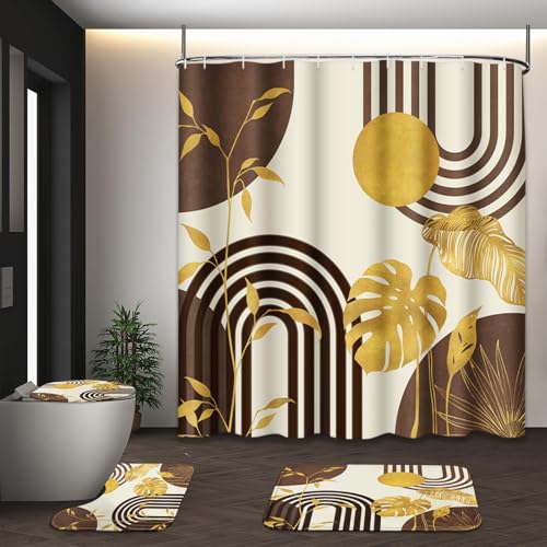 Boho Brown Shower Curtain Set with Toilet Lid Cover and Non-Slip Rugs, Gold Tropical Abstract Geometric 4 Pcs Modern Minimalist Vintage Shower Curtain for Bathroom Set with 12 Hooks - color: Brown