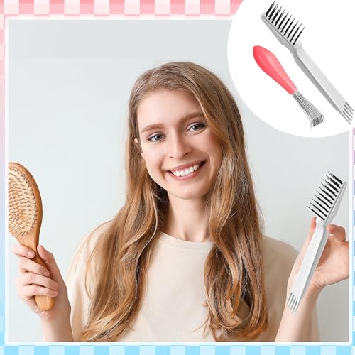 Boao 2 Pcs Hair Brush Cleaning Tool Set,2-in-1 Double Headed Hair Brush Comb,Metal Toothed Cleaner Dirt Remover, Portable Hairbrush Cleaner Tool for Removing Dust Home Salon Use(Pink and Gray) - color: null