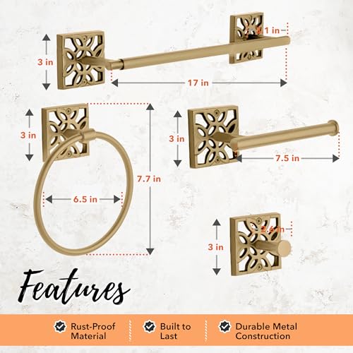 Autumn Alley 5-Piece Bathroom Hardware Set – Antique Gold (Muted, Brushed Finish – Not Shiny), Wall Mounted Towel Bar, Towel Ring, Toilet Paper Holder & Robe Hooks, Bathroom Accessories Set Complete - color: Antique Gold (Muted)