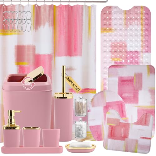 XLHOMO Bathroom Accessories Set - 26PCS Pink Bathroom Set, Bathroom Accessory Set with Shower Curtain and Rugs and Bathtub Mats for Home - color: Plaid Pink & Gold, size: Complete Set+Bath Rugs+Bathtub Mat
