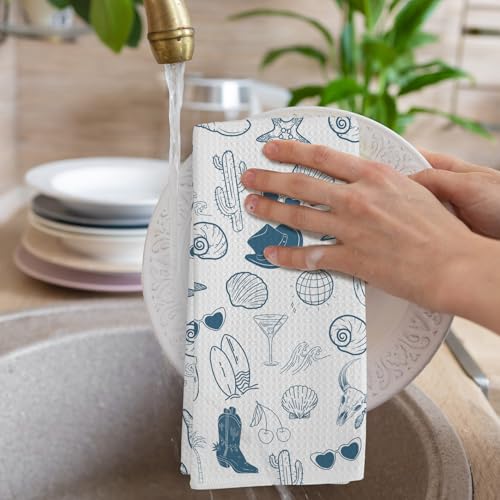 Coastal Cowgirl Kitchen Towels Set of 2, Blue Western Cowboy Boots Seashell Dish Tea Towels for Kitchen, Preppy Beach Summer Hand Towel for Bathroom, Coastal Western Gifts, 16x24 Inch - color: Coastal Cowgirl