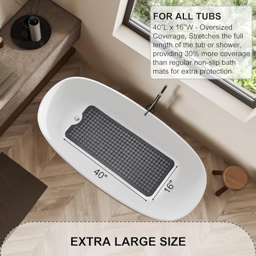 TEESHLY Bath Tub and Shower Mats, Non Slip 40 x 16 Inch Extra Large Bathtub Mat, Machine Washable Bathmat with Drain Holes, Suction Cups for Bathroom Floor, Clear Black - color: Black (Translucent)