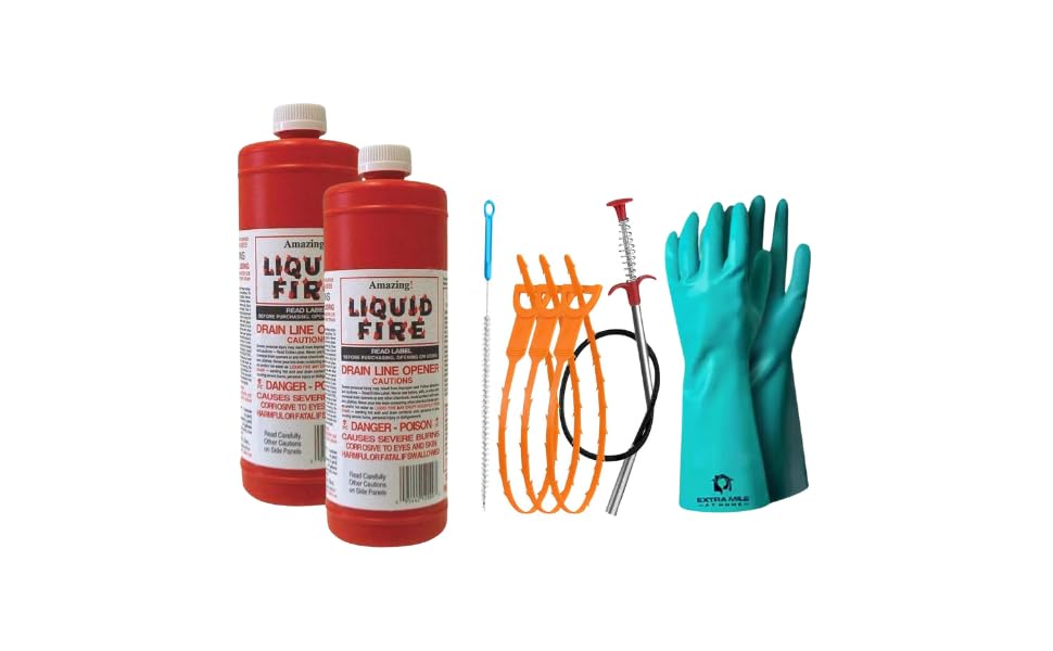 Drain Clog Remover Bundle with Two 32 fl oz Drain Cleaner Bottles, Cleaning Tools & Protective Gloves - 6 Items - Heavy-Duty Acid Formula for Tough Kitchen Sink & Shower Clogs
