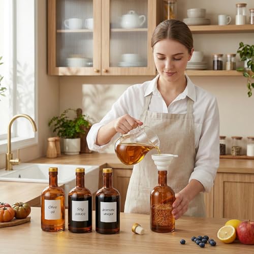TBWIND 7 Pack 16oz/500ml Amber Glass Bottles with T-Top Corks | Airtight refillable brewing bottles. For kombucha, limoncello, syrups & homemade spirits. Includes funnels & labels - color: 16oz/ 500ml, size: Amber