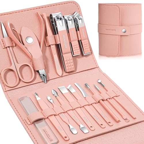 Manicure Set Professional Nail Clippers Pedicure Kit, 16 pcs Stainless Steel Nail Care Tools Grooming Kit with Luxurious Travel Leather Case for Thick Nails Men Women Gift (Pink) - color: Pink
