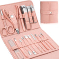 Manicure Set Professional Nail Clippers Pedicure Kit, 16 pcs Stainless Steel Nail Care Tools Grooming Kit with Luxurious Travel Leather Case for Thick Nails Men Women Gift (Pink) - color: Pink