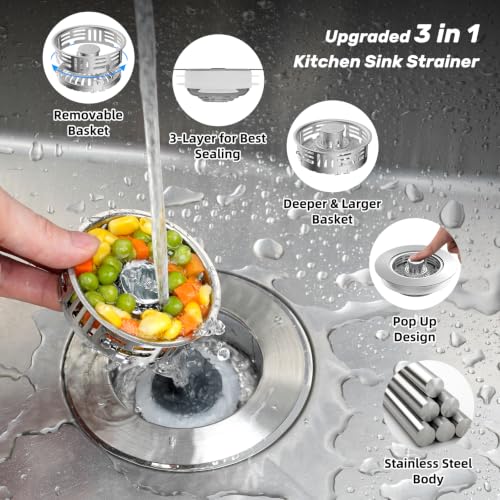 Hibbent Metal Kitchen Sink Drain Strainer and Stopper, Stainless Steel | Upgraded Universal 3 in 1 Pop Up Design, Detachable Larger Anti-Clog Basket, 3-Layer Seal Plug for Standard 3-1/2" Drain - color: Stainless Steel