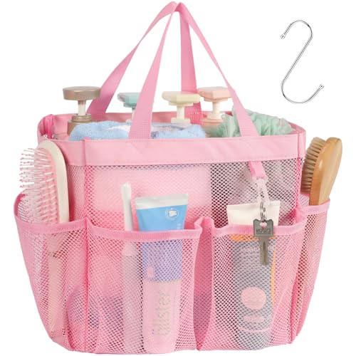Mesh Shower Caddy Portable - 8 Pockets, S-Hook, Shower Bag for Dorm Camping | 2-Handle, Quick-Dry, Hanging Toiletry Organizer, College Dorm Room Essentials for Girls, Gym, Travel & Bathroom, Pink - color: Pink, size: L (Classic Dorm Caddy)