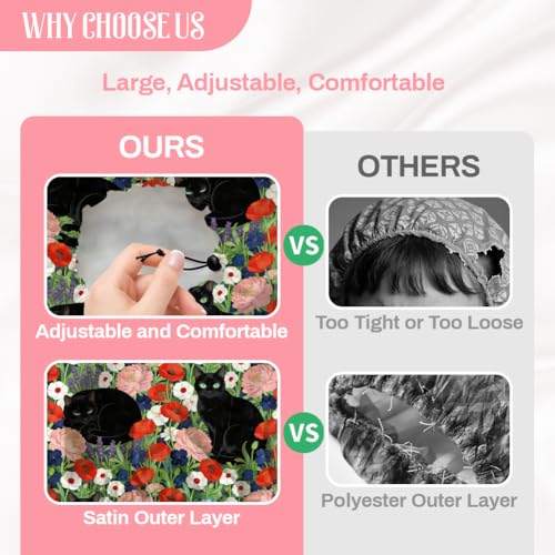 Black Cat Reusable Shower Cap Flower Double Layer Waterproof Shower Caps Large Elastic Hair Cover Adjustable Hair - Drying Caps for Woman Man Bath SPA Travel One Size Fits Most - color: Black Cat