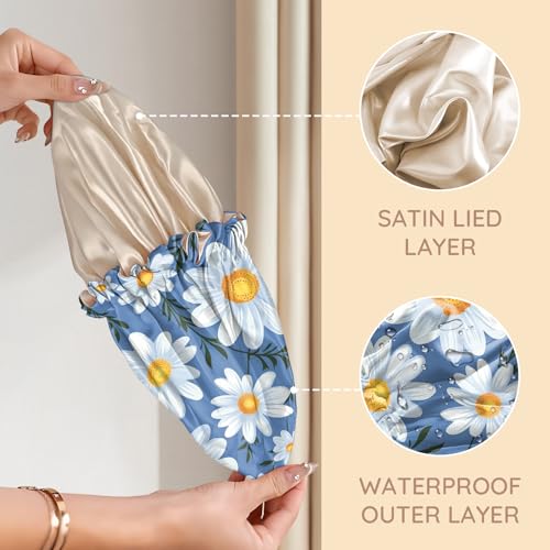 Luxury Shower Cap Adjustable Reusable Double Waterproof Layer Elastic Satin Lined Hair Bath Cap Cute Aesthetic Women Girls (K19-Chrysanthemum) - color: K19-Chrysanthemum