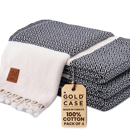 Gold CASE Turkish Beach Towel Set of 4 – 100% Cotton Large Turkish Bath Towels 67 x 38'' – Aphrodite Extra Large, Quick Dry & Sand Free Towels – Peshtemal for Pool – Black - color: Black, style: Aphrodite Beach Bath Towel