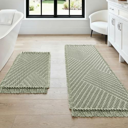 H.VERSAILTEX Waffle Bath Mat Super Absorbent Boho Bath Mat Non Slip Bath Rugs for Bathroom Floor Machine Washable Dry Fast Bathroom Rugs with Tassels (47 x 17 Plus 17 x 24 Inches, Sage) - color: Sage, size: 47" x 17" Plus 17" x 24"