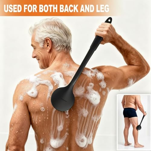 Long Handle Back Scrubber for Shower with 3 Interchangeable Heads-Black | Ergonomic Curved Handle,Non-Slip Silicone Grip,Premium Gift Box,Use in Wet and Dry,Cleaning and Exfoliation - color: Black
