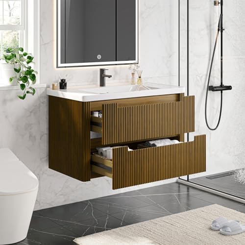 ONBRILL Modern Bathroom Vanity with Sink Combo, Curved Floating Bath Vanity with 2 Drawer, Wall Mount Bathroom Vanities with Integrated Ceramic Sink for Small Space, Apartment (Walnut, 24") - color: Walnut, size: 24"