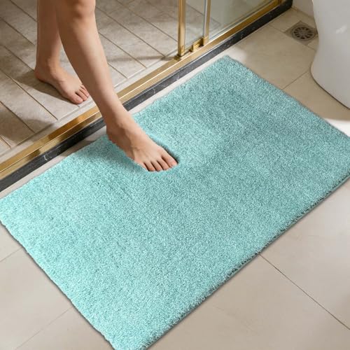 Non-Slip & Super Absorbent Bath Mat, 32x20 Inch Large Microfiber Bathroom Rug, Ultra Plush Quick Dry Machine Washable Shaggy Carpet for Shower Tub Floor, Aqua - color: Aqua, size: 32"x20"
