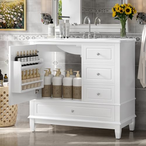 Linique 36" Modern Bathroom Vanity with Sink Combo Set, Solid Wood Frame Bathroom Storage Cabinet with 3 Drawers, Soft Closing Cabinet Door with Organizer, White - color: White, size: 36"/ Door with Organizer