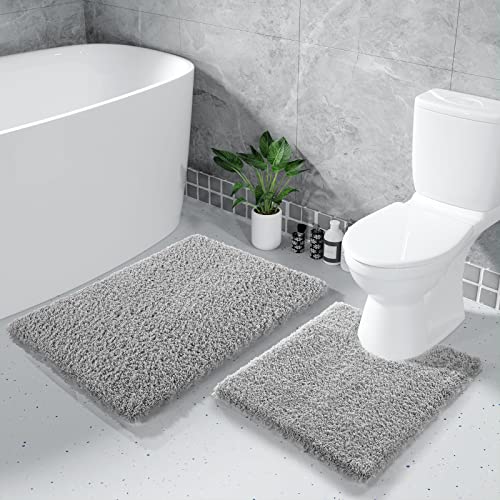 Yimobra U Shaped Toilet Bath Rug, Fluffy Plush, Super Shaggy Soft Non Slip, Water Absorbent Microfiber Bath Mat, Dries Quickly, Machine Washable Thick Bathroom Rugs, 20"x 24", Pure Gray - color: Pure Gray, size: 20" X 24" Contour Rug