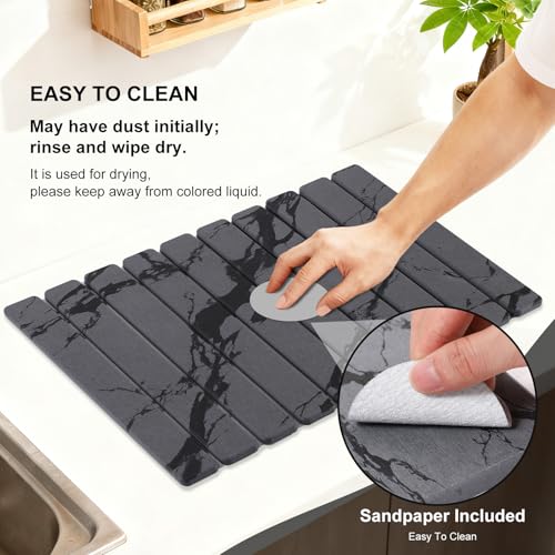 3 PCS Large Stone Dish Drying Mat for Kitchen Counter, Quick Dry Diatomaceous Earth Mat with Sink Faucet Pad, Marble Water Absorbing Stone Drying Mats for Dishes, Bottles and Cups - color: Dark Grey Marble