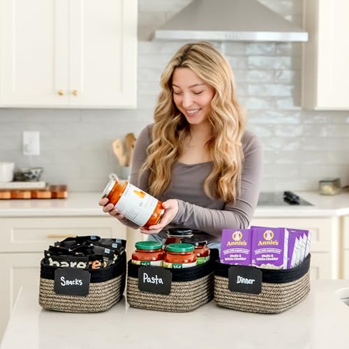 NaturalCozy 11.8"x8"x4.5” Rectangle Storage Baskets for Shelves 3 Pack | Cotton Rope Woven Small Baskets for Organizing | Small Storage Bins for Nursery, Bathroom, Closet, Shelf, Decorative, Gift - color: Black & Mixed Black, size: 11.8" x 8" x 4.5"