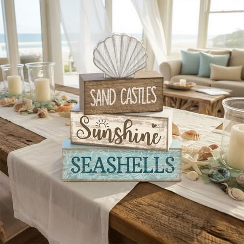 Yuntau 4 Pcs Summer Decorations for Home Beach Shells Wooden Tabletop Decor Summer Tiered Tray Decor Rustic Sand Castles Sunshine Seashells Block Sign Centerpiece Farmhouse Table for Shelf Office - style: Shells