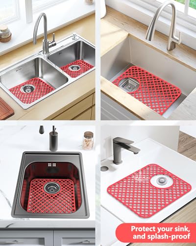 2 Pack Silicone Sink Protectors for Kitchen Sink, Trellis Pattern 13 x 11 Inches Sink Mat, Non-Slip and Durable Sink Protector Silicone, Rear Drain, Red - color: Red
