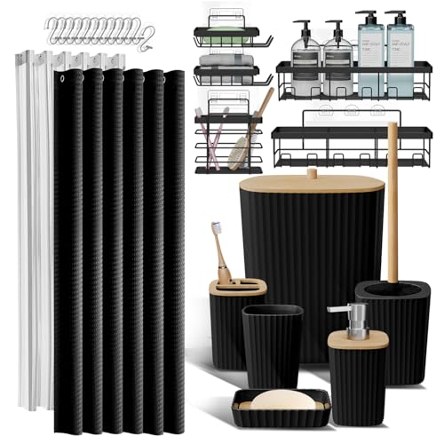 Clara Clark Bathroom Accessories Set - Bathroom Set with Adhesive Corner Shower Caddy Hanging, 25PC Bathroom Accessory Set, Black Shower Curtain Set, Toilet Brush, Trash Can & Soap Dispenser - color: Black, size: Complete Set + Shower Caddy