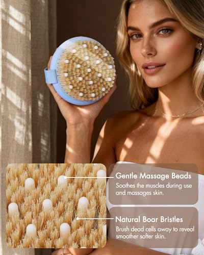 Dry Brushing Body Brush for Massage - Natural Boar Bristle Exfoliating Brush with Massage Nodes for Lymphatic Drainage, Cellulite, Blood Circulation Improving Skin Health for Women Men Elderly(Blue) - size: Round 4.3 in-Blue