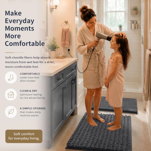 Yimobra Bathroom Rug Set 3 Piece - Super Absorbent Quick Dry Chenille Bath Mats & Toilet Rug, Non Slip Machine Washable, Extra Thick Shaggy Floor Mat for Shower Tub Sink, Dark Gray - color: Dark Gray, size: 24"x17" + 24"x20" + 30"x20"