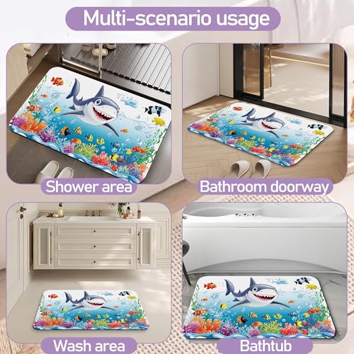 Cute Shark Bathroom Mat, Non Slip Rubber Backed Fast Dry Bath Rug, Thin Bath Mat for Bathroom Kitchen 17"x30" - color: Cute Shark