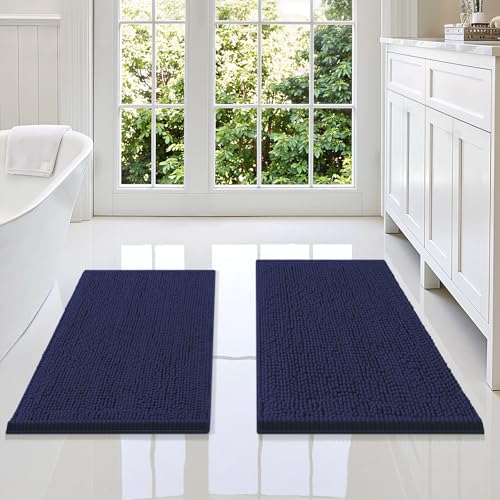 Smiry Bathroom Rugs Sets 2 Piece, Soft Absorbent Chenille Machine Washable Non Slip Shaggy Bath Rug Set for Tub, Shower, and Floor (34x21+30x20, Navy Blue) - color: Navy Blue, size: 34"x21"+30"x20"