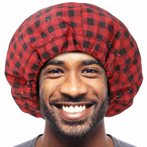 Shower Cap for Men Red Plaid Bath Cap, Reversible Large Waterproof Adjustable Shower Caps Terry Lining & Elastic Band Stretch Hem Hair Hat - color: RED PLAID