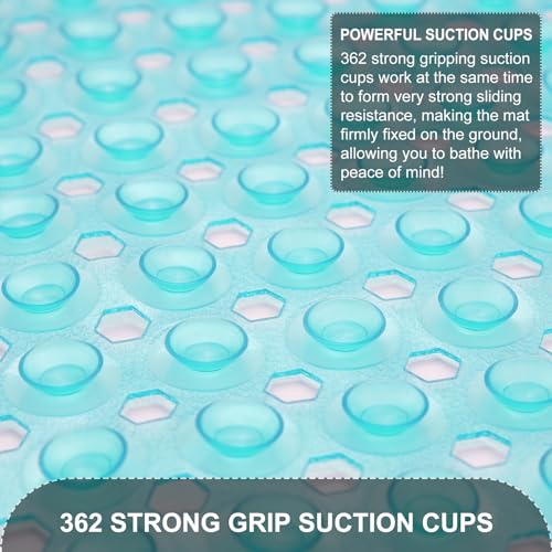 TEESHLY Bath Tub and Shower Mats, Non Slip 40 x 16 Inch Extra Large Bathtub Mat, Machine Washable Bathmat with Drain Holes, Suction Cups for Bathroom Floor, Clear Turquoise - color: Turquoise (Translucent)