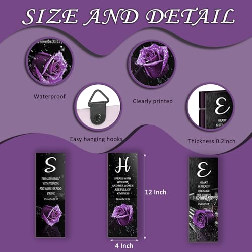 3 Pieces Purple Bedroom Decor Purple Rose Women Bedroom Wooden Purple Bathroom Inspirational Office Decor With SHE Religious Words For Women Kitchen Home(12x Inch) - color: Purple