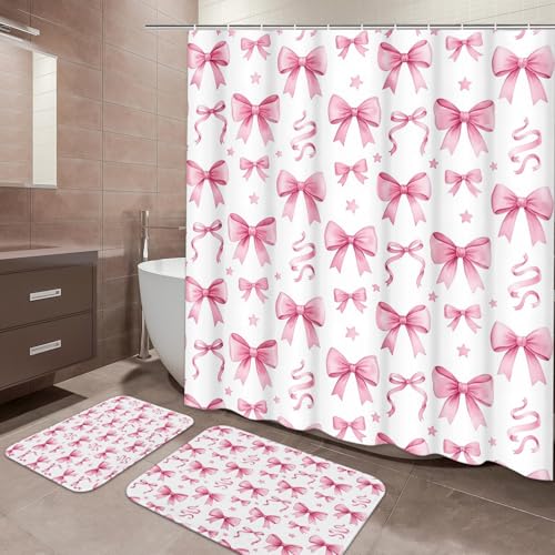 ArtSocket Bow Pink Coquette Bathroom Set with Shower Curtain and Bath Rugs and Accessories, Star Preppy Non-Slip Shower Curtain Set, Bathroom Decor 3 Pcs, 72" L x 72" W - color: Bow Pink Coquette