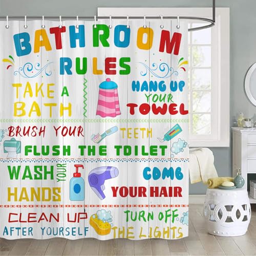 4PCS Kids Shower Curtain Set, with Non-Slip Rugs, Toilet Lid Cover and Bath Mat Funny Bathroom Rules Cute Colorful Pattern Teen Boy Girl for Bathroom Bathtub Decor Accessories, 72x72 Inch - color: Bathroom Rules