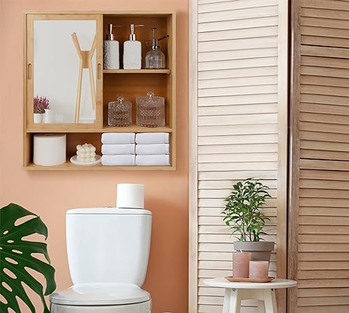 ZYBT Bamboo Bathroom Cabinet,Mirrored Medicine Cabinets,Bathroom Cabinet Wall Mounted with Storage,Medicine Cabinets with Mirror,Over The Toilet Storage with 2 Sliding Doors - color: Bamboo Mirror