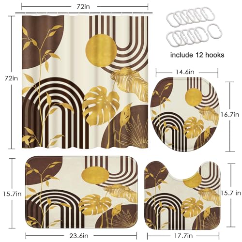 Boho Brown Shower Curtain Set with Toilet Lid Cover and Non-Slip Rugs, Gold Tropical Abstract Geometric 4 Pcs Modern Minimalist Vintage Shower Curtain for Bathroom Set with 12 Hooks - color: Brown