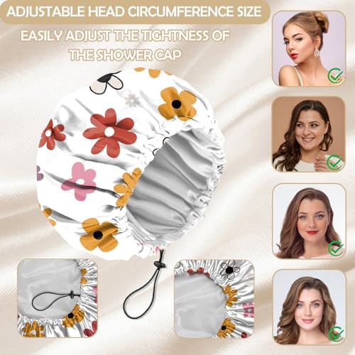 2 PCS Shower Cap Adjustable Reusable Double Waterproof Layer Elastic Hair Bath Cap Cute Aesthetic for Women Girls-Flowers 2 - color: I26-Flowers 2