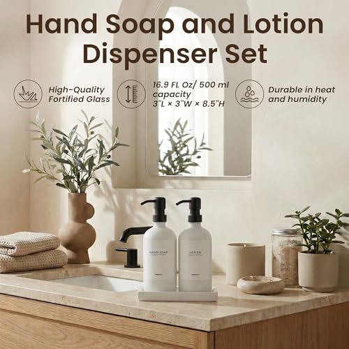 MaisoNovo Bathroom Soap Dispenser Set- Soap and Lotion Dispenser Set with White Soap Dispenser, Black Pumps & Ceramic Tray - color: White Bottles/ Black Pumps/ White Ceramic Tray