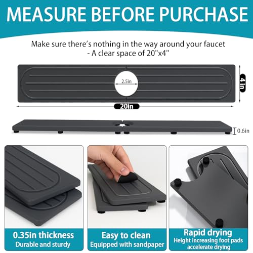 Fast Drying Stone Faucet Mat for Kitchen Sink with Raised Feet, Water Absorbent Diatomite Stone Sink Tray, Faucet Sink Splash Guard, Prevents Moisture Buildup, Durable Protector for Bathroom Counter - color: Dark Gray Style 1, size: 20" x 4"