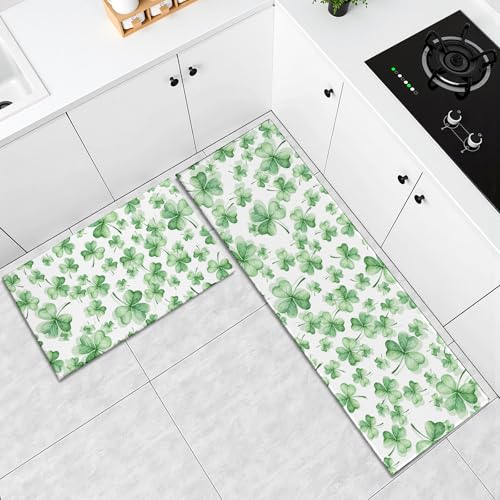 St. Patrick's Day Kitchen Mats for Floor 2 Pcs Green Watercolor Shamrock Clover Washable Runner Rug Non Slip 17"x47"+17"x30", St Patricks Day Kitchen Rugs Set for Spring Irish Home Decor - color: Green Watercolor Shamrock