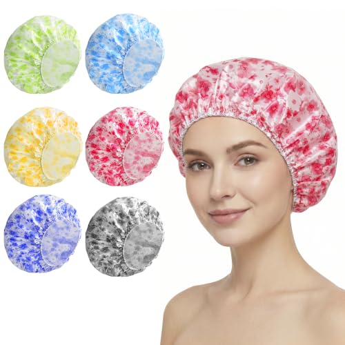 6 PCS Shower Caps for Women, Double Side Waterproof Shower Cap, Reusable Elastic Bath Caps for Shower, EVA Bathing Shower Caps, Bath Hair Caps - Plum Blossom - color: Plum Blossom