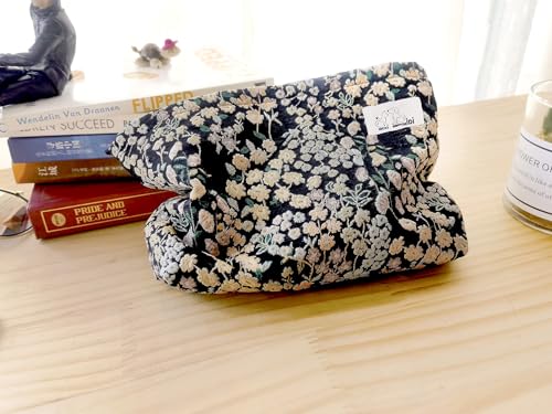 HAPPYHEIDI Women Aesthetic Makeup Bag With Compartment Accessory Zipper Pouch for Cosmetics Travel, Purse Organizer, Embroidery Lucky Flowers Black - color: 001 Black Teabreak Little Flowers Embroidery