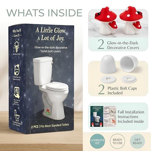Glow in The Dark Mushroom Toilet Bolt Covers Decorative, Tool-Free Install | PLA Material, Bolt Hole 0.94'',Covers Floor Bolts Screw Caps, with Plastic Backup Floor Bolt Caps & Washers, 2 Pack - style: Red Mushroom