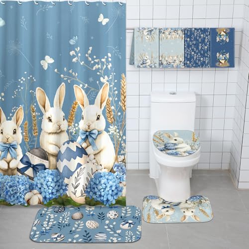 FuWeave 8 Pcs Easter Shower Curtain Set for Bathroom Decor Include Spring Floral Blue Bunny Egg Shower Curtain Hydrangea Towels Non Slip Rugs Toilet Lid Cover Bath Mat and 12 Hooks for Bathroom Decor - color: Blue Bunny
