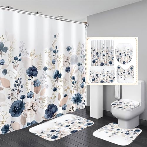 DDQQ Navy Blue Floral Shower Curtain Sets with Rugs 4 Piece Gold Flowers Leaves Bathroom Decor Set with Non-Slip Rugs Toilet Lid Cover and Bath Mat, Home Bathroom Shower Curtain Set with 12 Hooks - color: Navy Blue