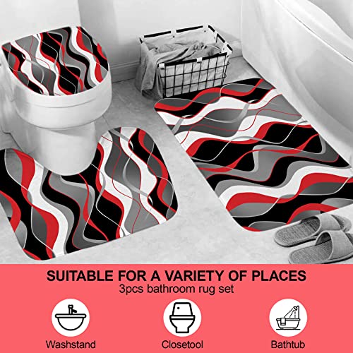 4Pcs Red Shower Curtain Sets with Non-Slip Rugs, Toilet Lid Cover and Bath Mat, Black and Gray Bathroom Decor Set Accessories Fabric Waterproof Shower Curtains with 12 Hooks, 72 x 72 Inch - color: Red